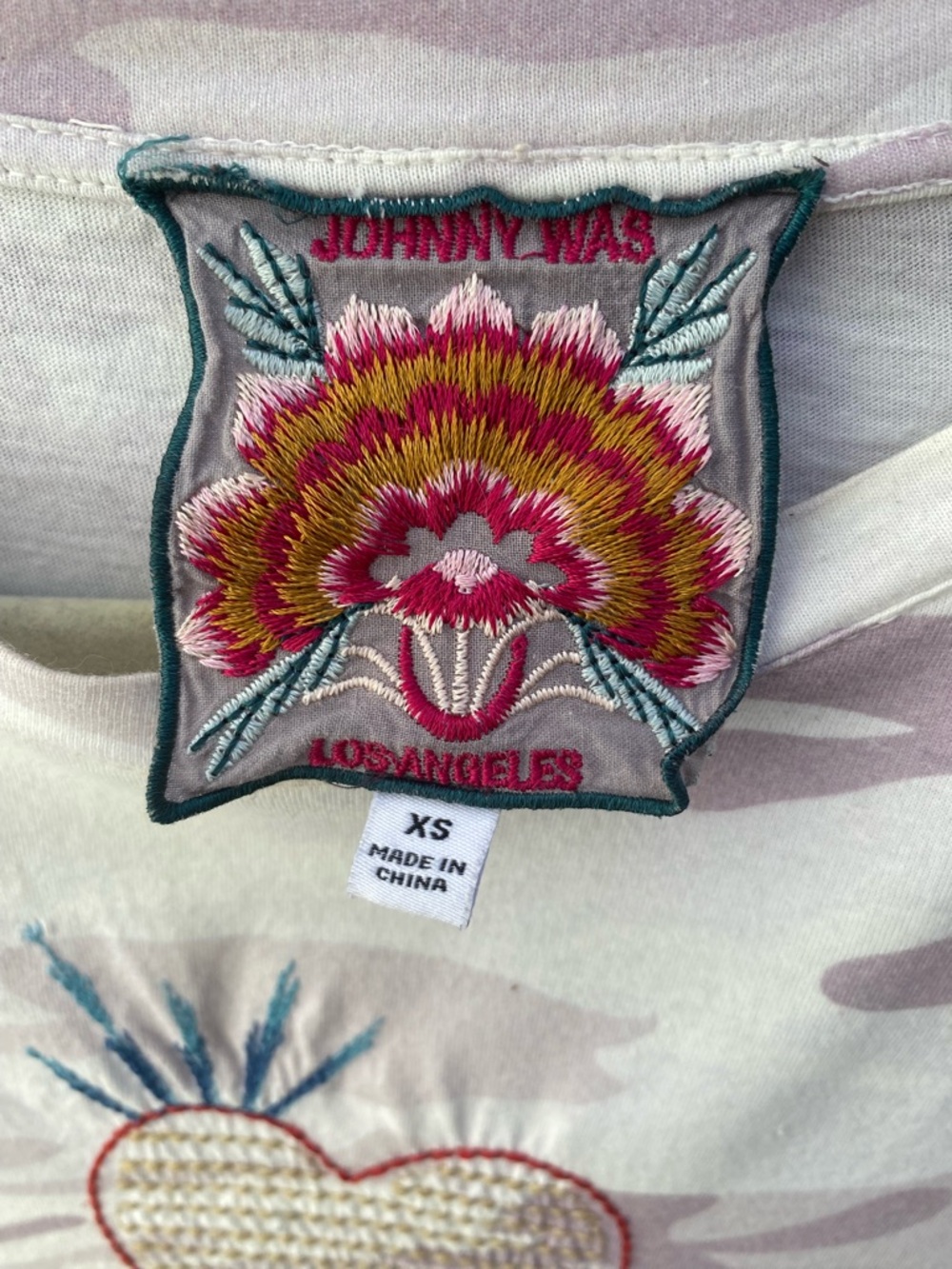 Johnny Was BasicTee with Camouflage print + Hearts in Multicolor Embroidery - Picture 4 of 6